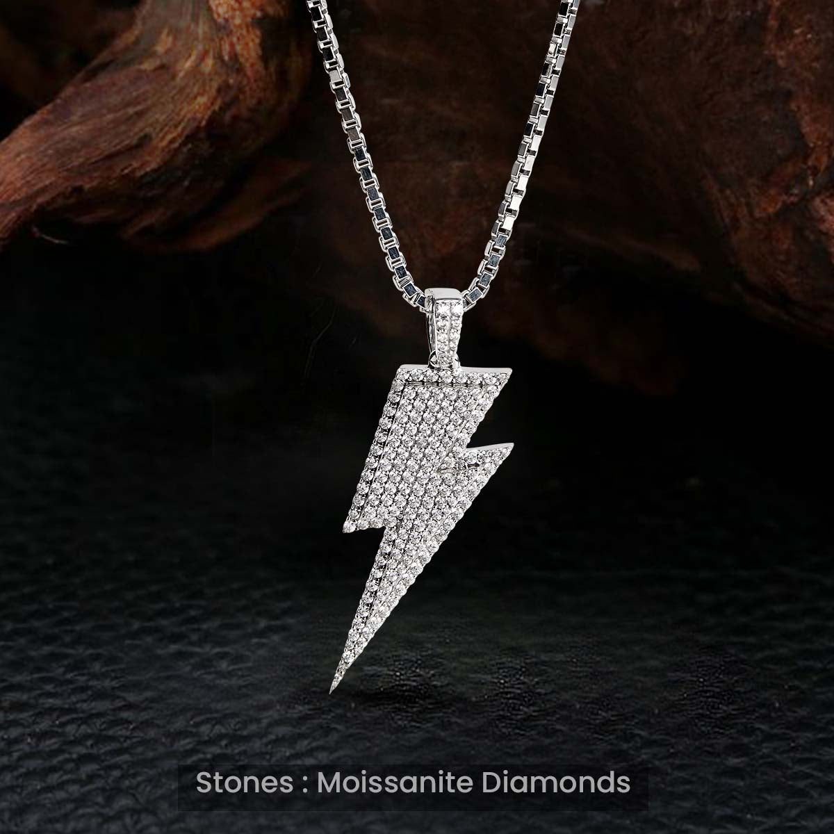 Moissanite Iced Out Flash Lightning Bolt Pendant Necklace Silver 