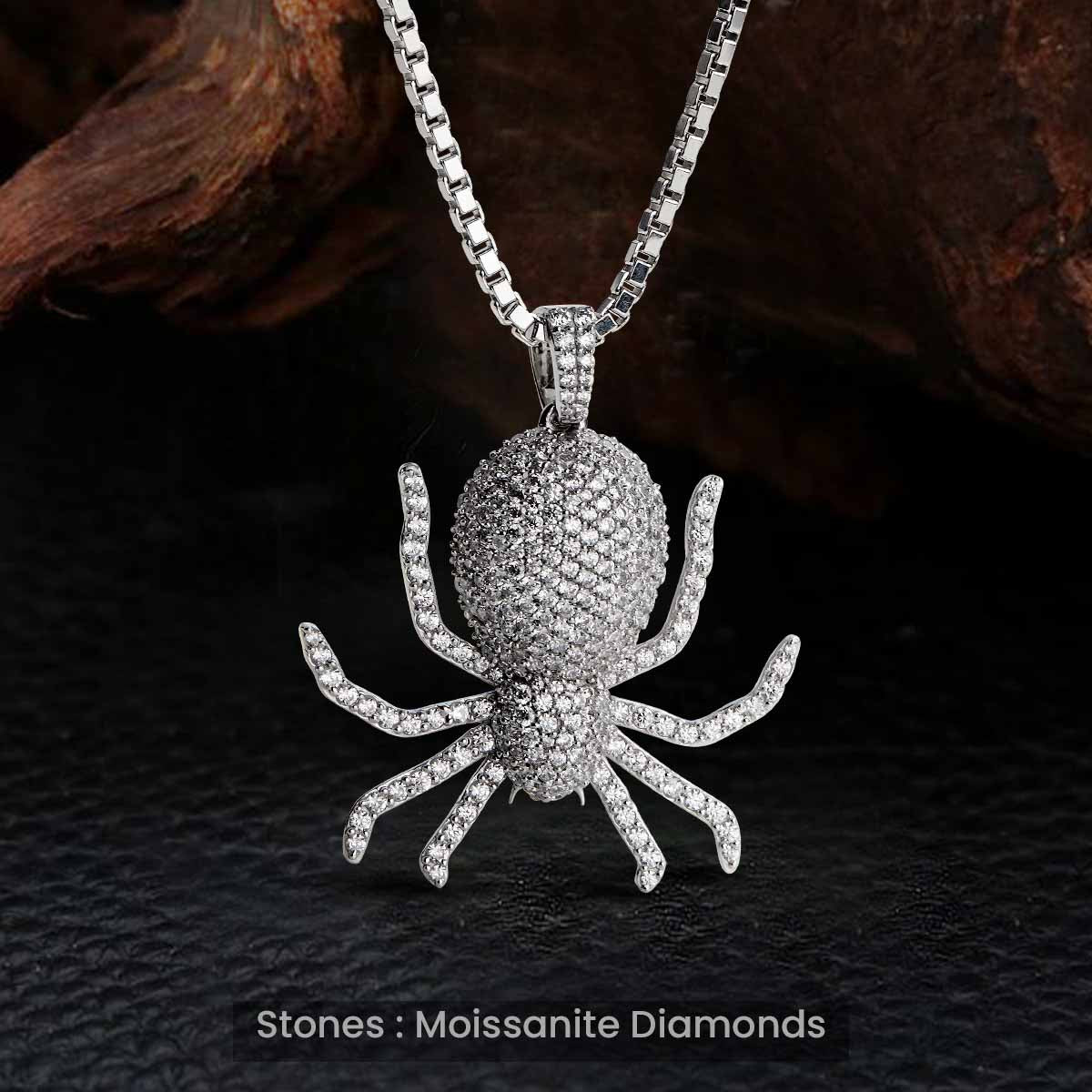 Moissanite Iced Out Spider Pendant Necklace Icy Gothic Jewelry Sterling Silver
