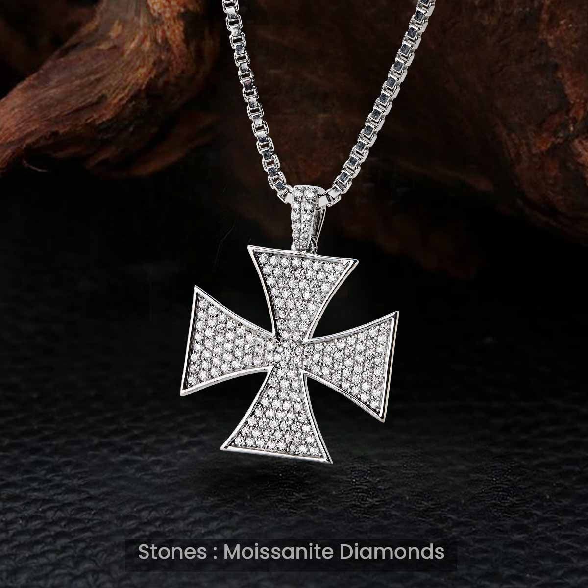 Moissanite Iced Out Iron Cross Pendant Necklace in Sterling Silver Hip Hop Jewelry