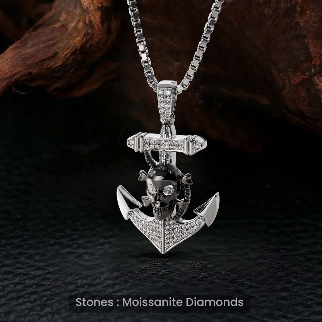 Iced Anchor and Skull Necklace Two Tone Gothic Pendant Sterling Silver Pirate Biker Hip Hop