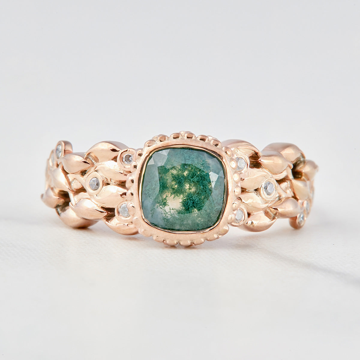 Cushion Moss Agate Art Deco Ring