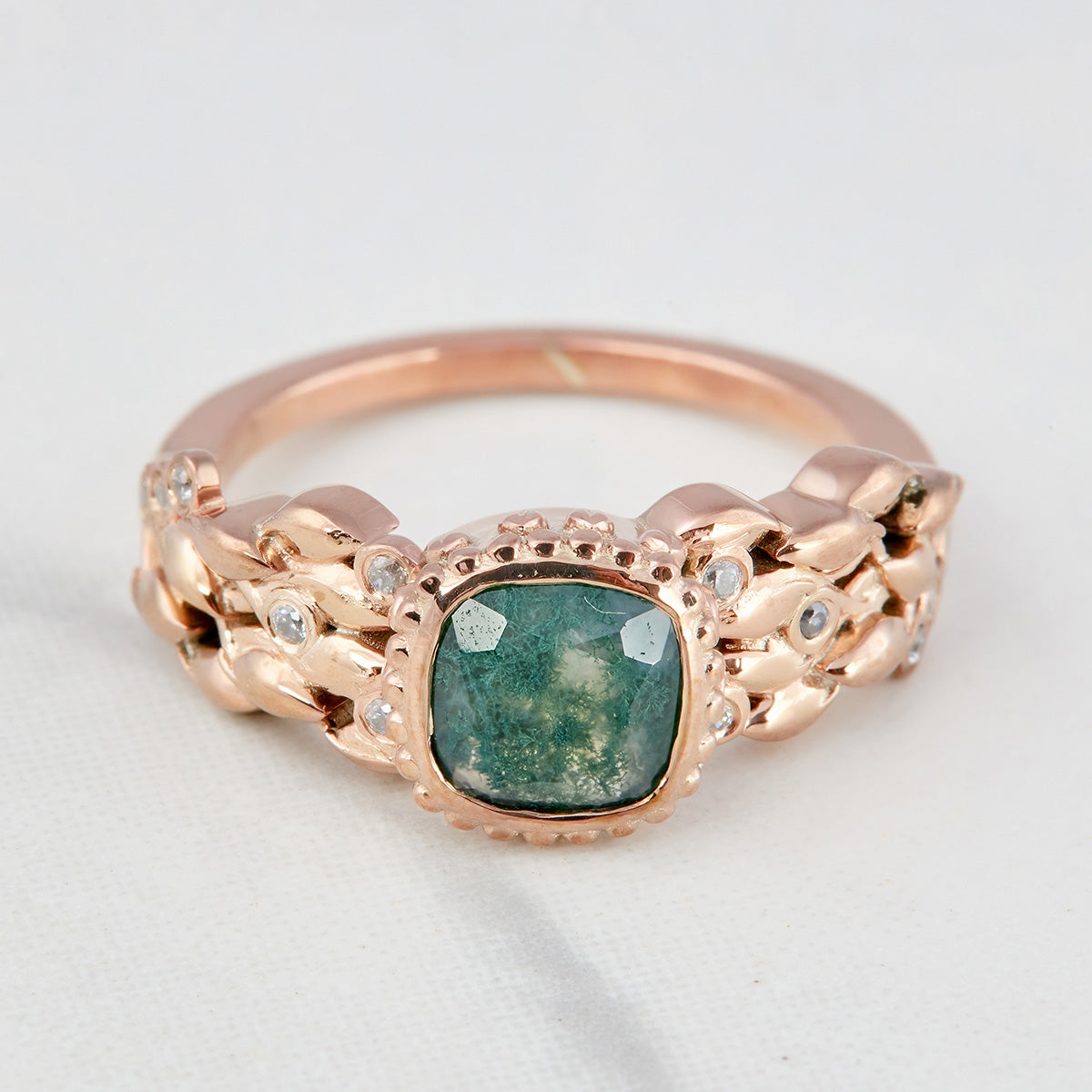 Cushion Moss Agate Art Deco Ring