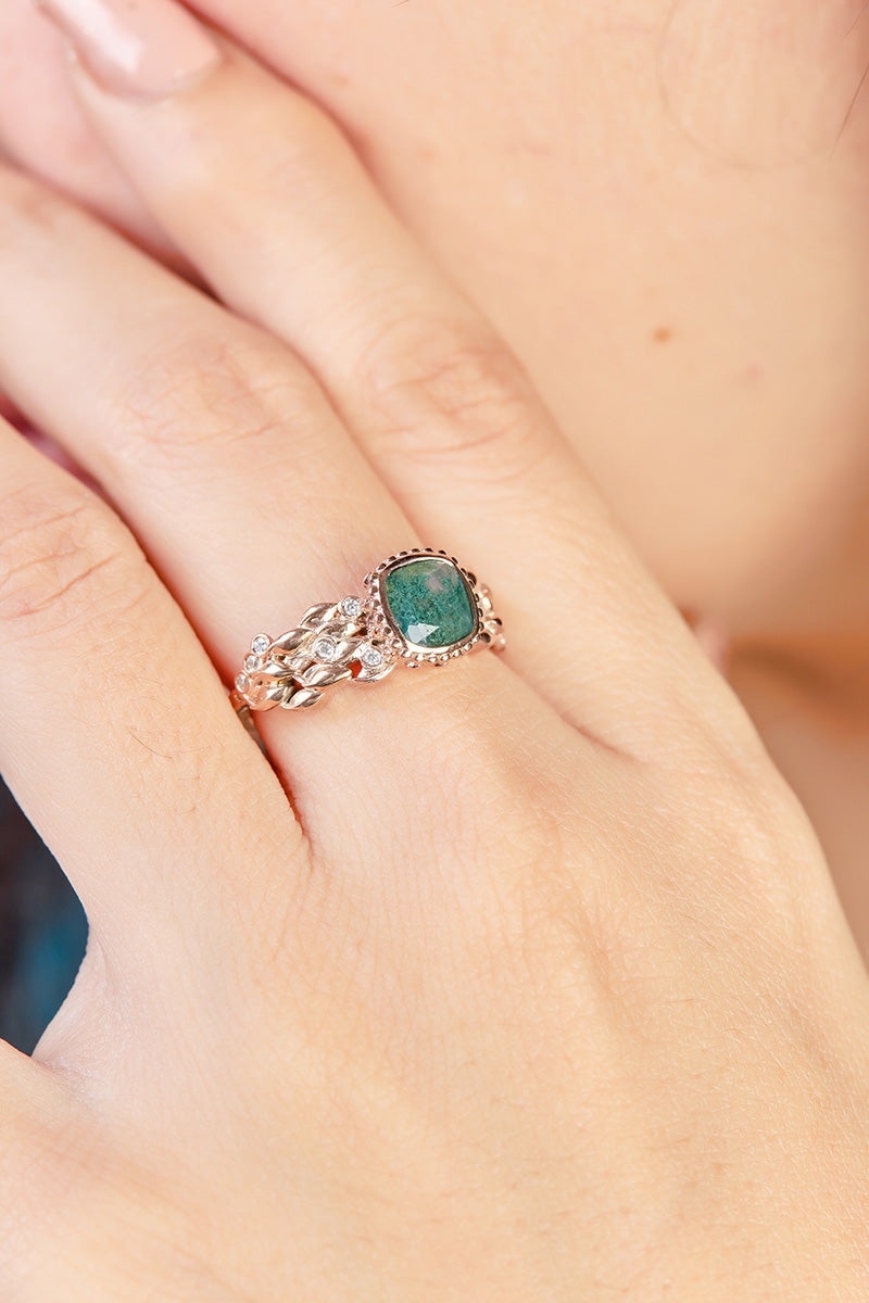 Cushion Moss Agate Art Deco Ring