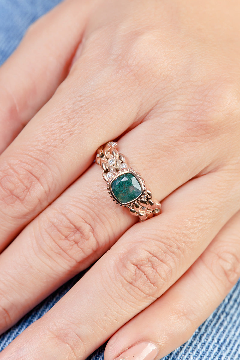 Cushion Moss Agate Art Deco Ring