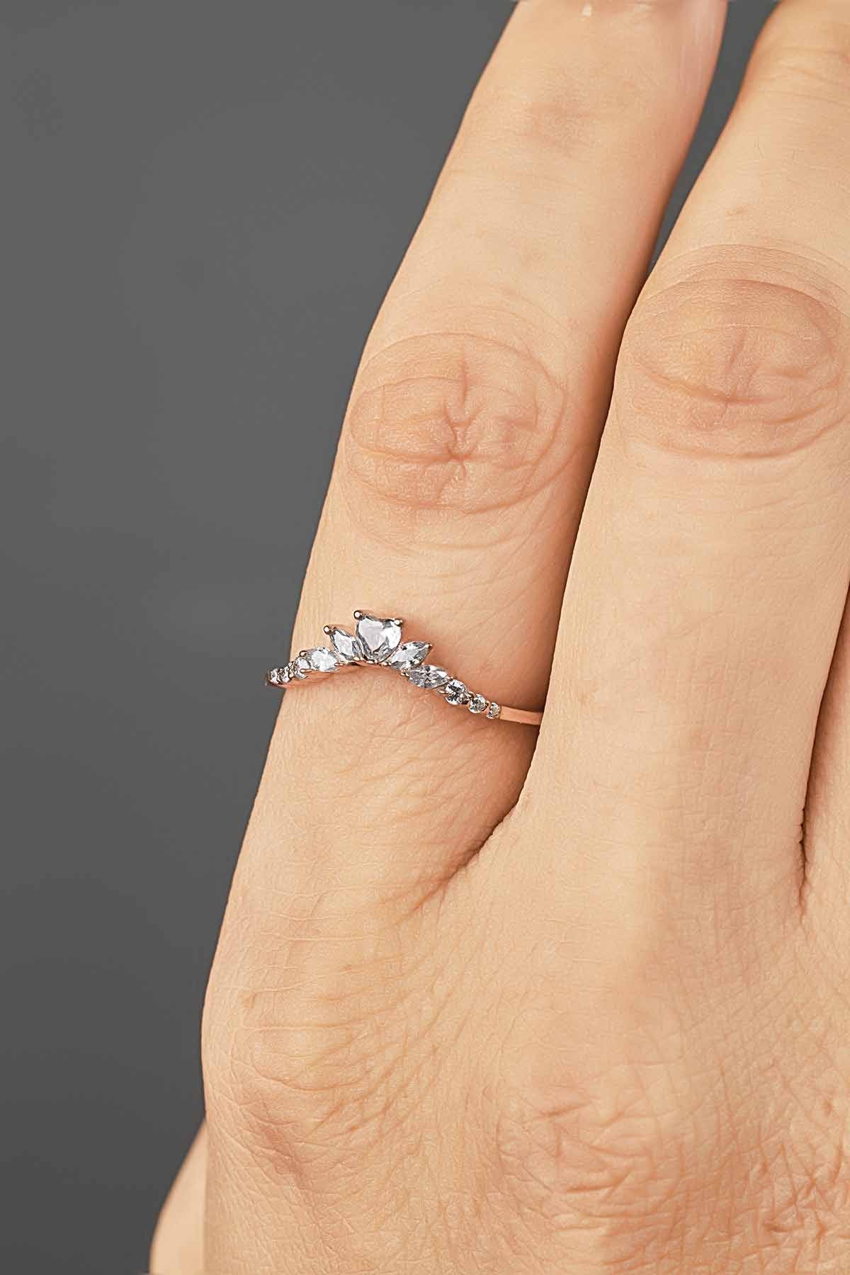 Heart Curved Wedding Band Women Engagement Ring Enhancer AAA CZ Diamond