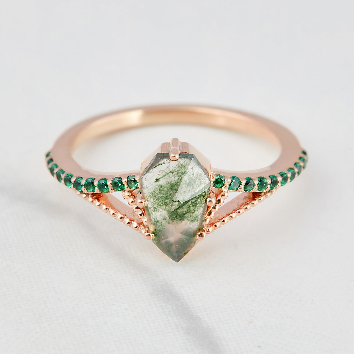 Shield Cut Moss Agate Engagement Ring