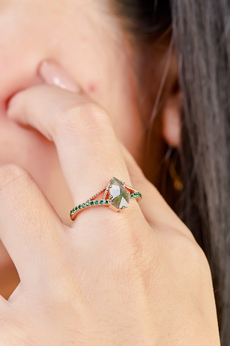 Shield Cut Moss Agate Engagement Ring