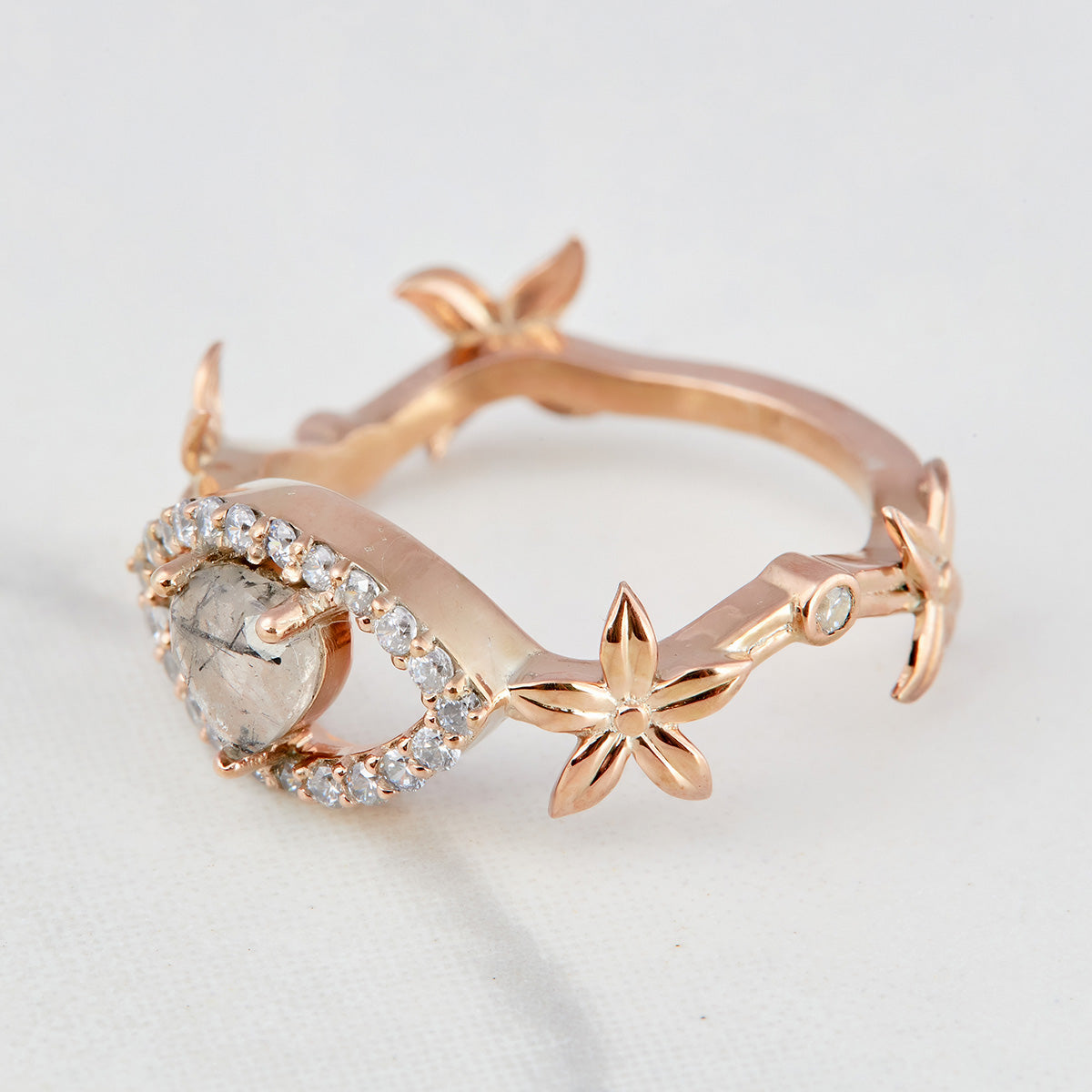 Floral Heart Engagement Ring Set Flower Rutilated Quartz Ring