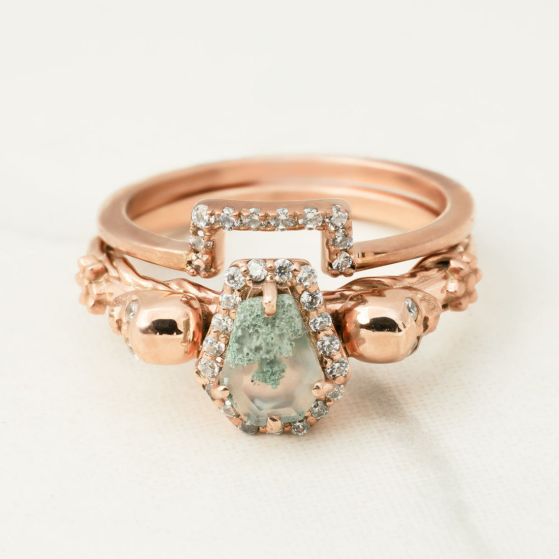 Coffin Moss Agate Skull Engagement Ring Set