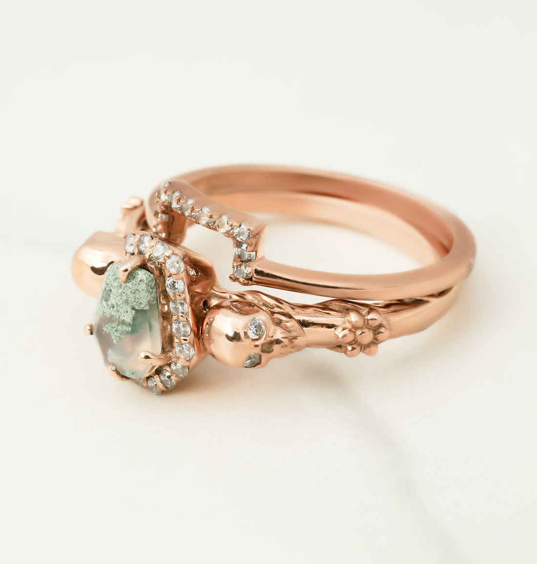 Coffin Moss Agate Skull Engagement Ring Set