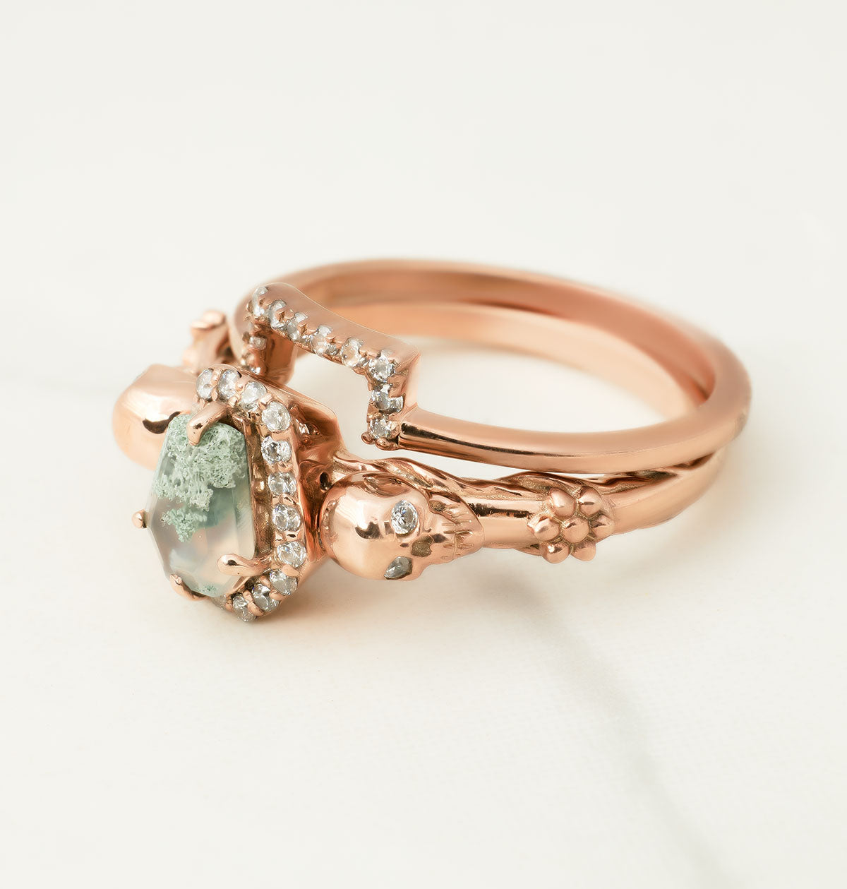 Coffin Moss Agate Skull Engagement Ring Set