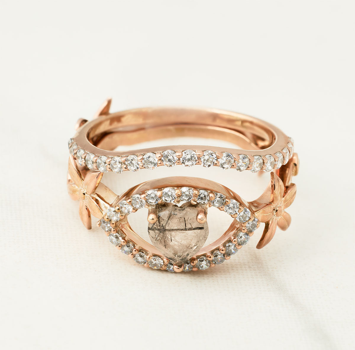 Floral Heart Engagement Ring Set Flower Rutilated Quartz Ring
