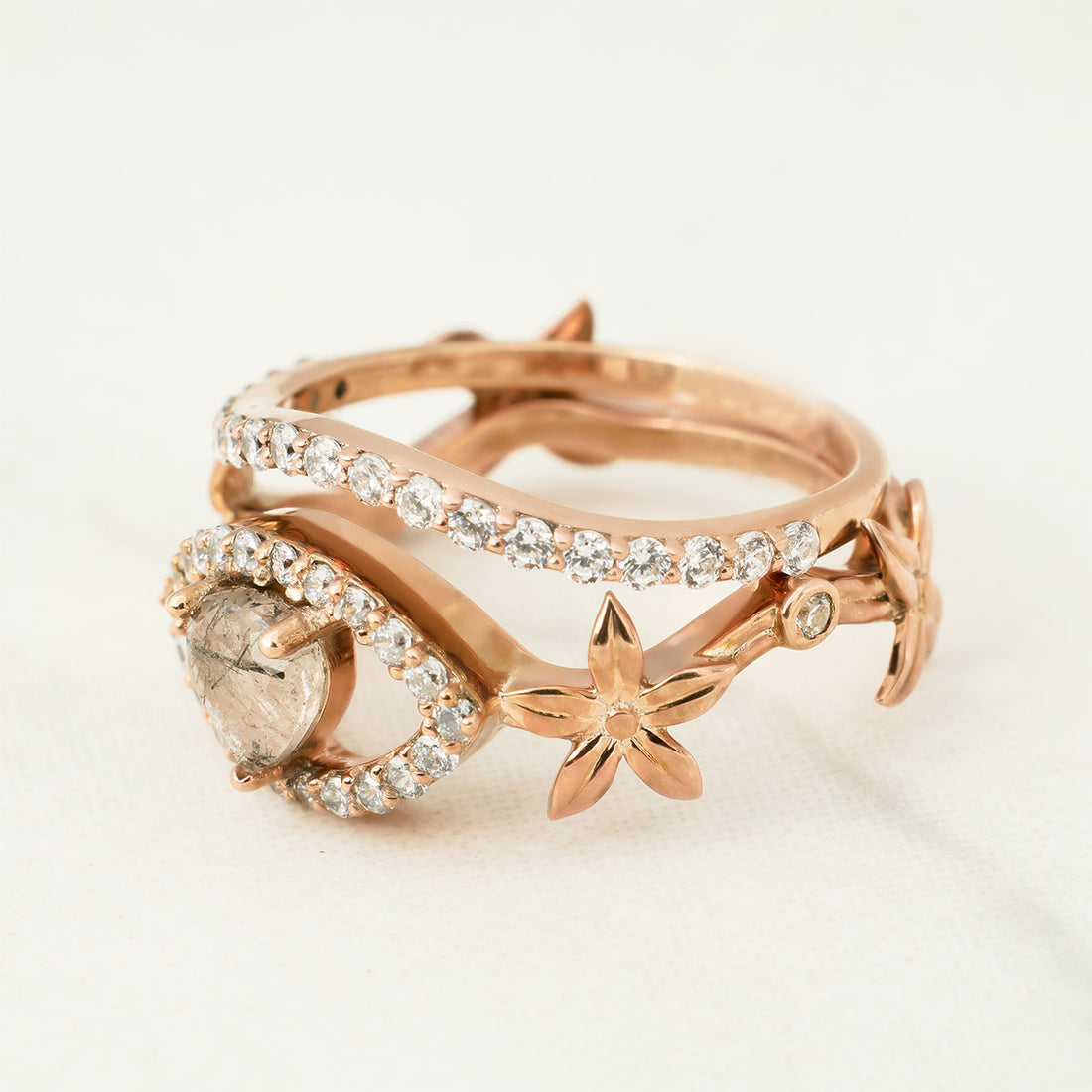 Floral Heart Engagement Ring Set Flower Rutilated Quartz Ring