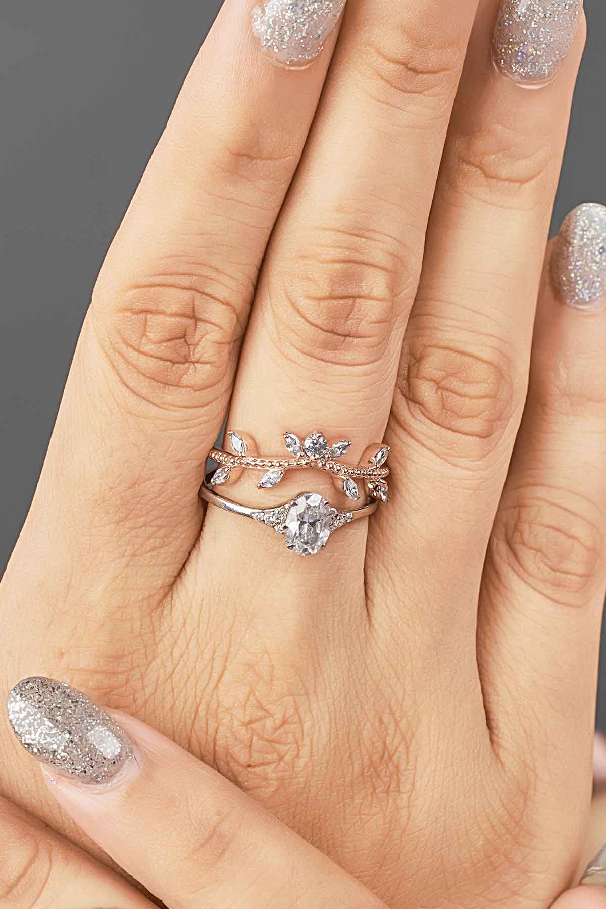 AAA CZ Enhancer Wedding Band Rose Gold Curved Stack Art Deco