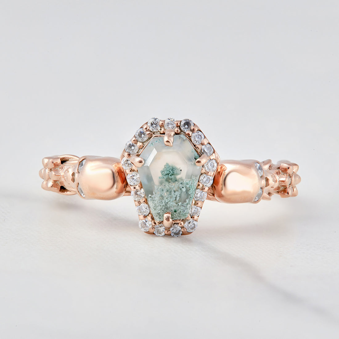 Coffin Moss Agate Skull Engagement Ring