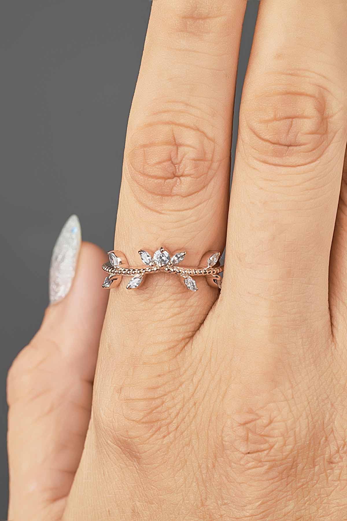 AAA CZ Enhancer Wedding Band Rose Gold Curved Stack Art Deco