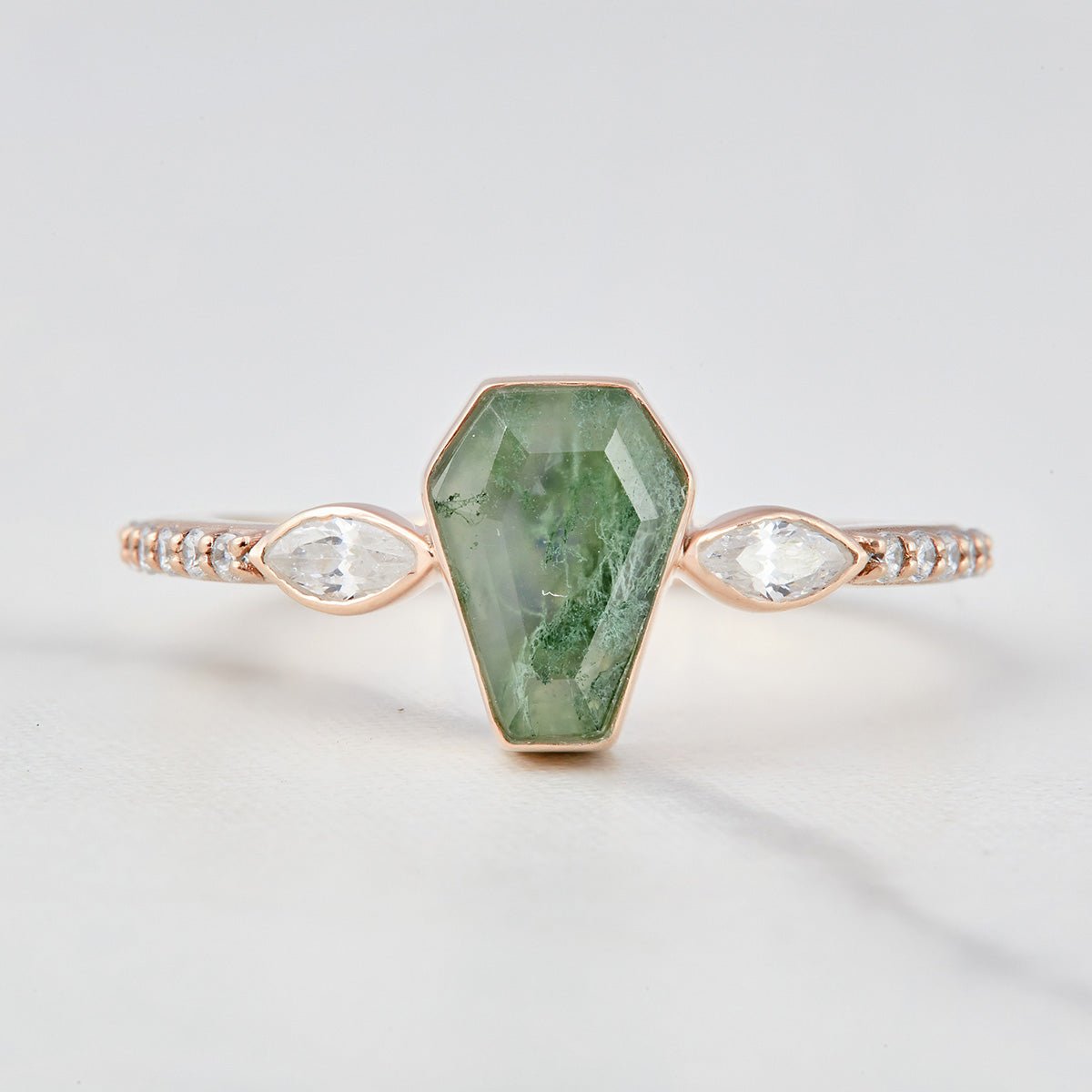 Coffin Shaped Engagement Ring Moissanite and Moss Agate Ring