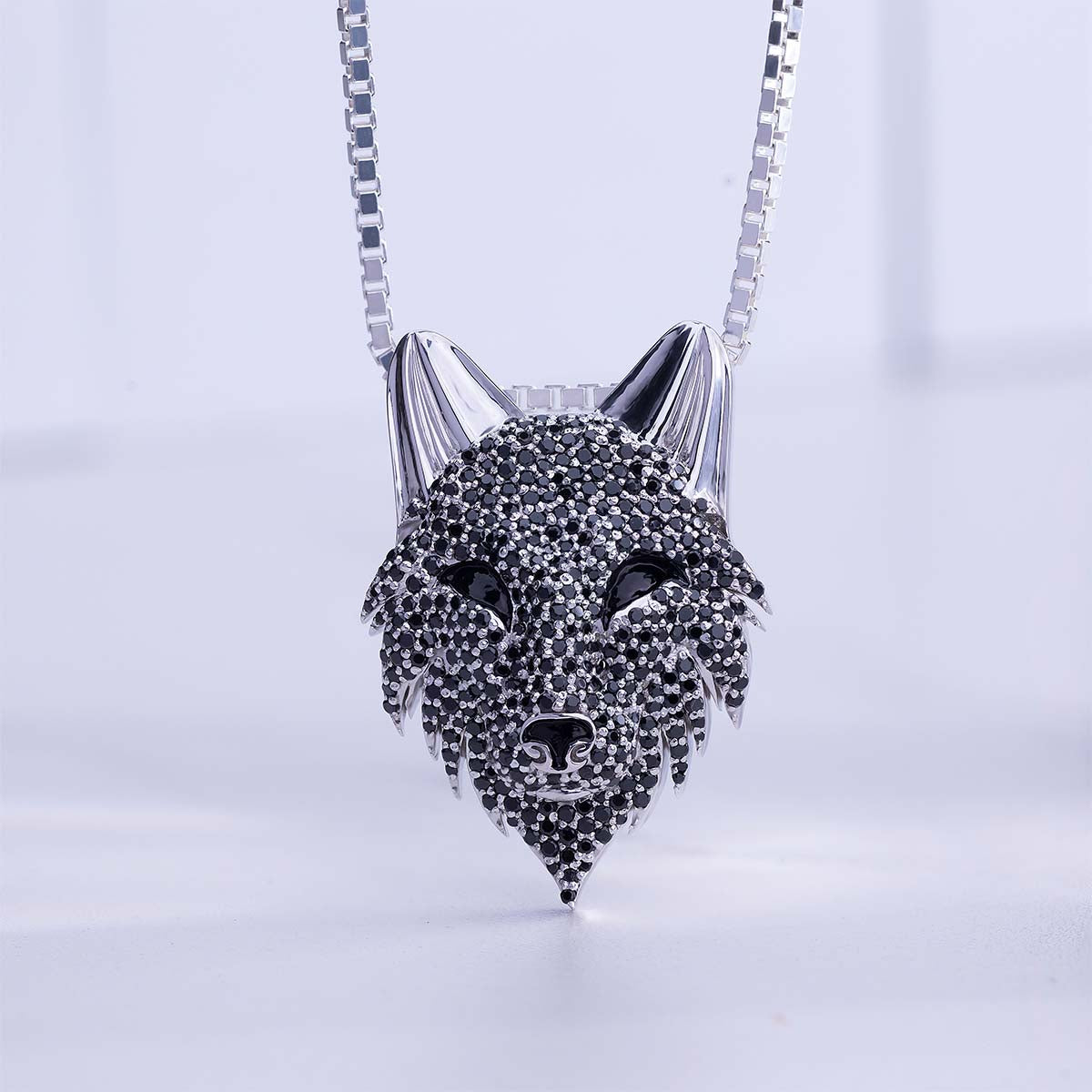 Fenrir Wolf Necklace Wild Animal Pendant Black CZ Sterling Silver
