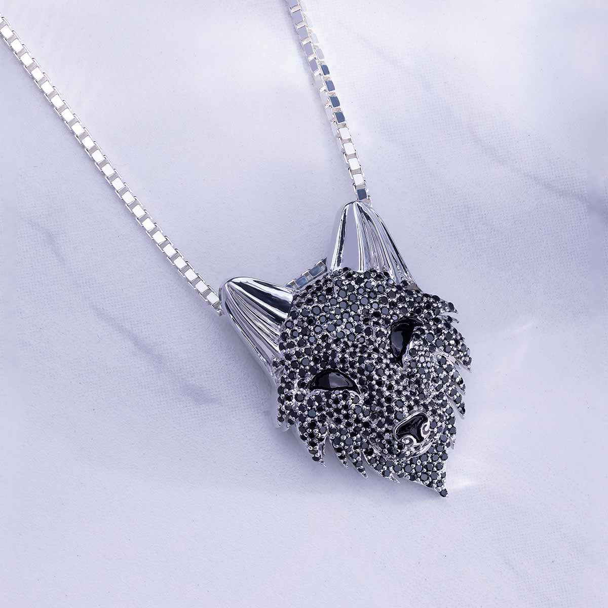 Fenrir Wolf Necklace Wild Animal Pendant Black CZ Sterling Silver