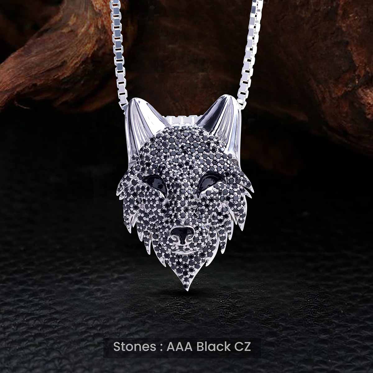 Fenrir Wolf Necklace Wild Animal Pendant Black CZ Sterling Silver