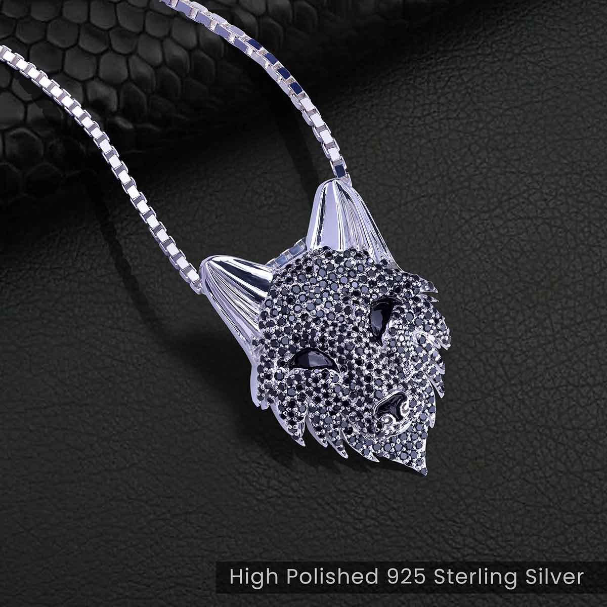 Fenrir Wolf Necklace Wild Animal Pendant Black CZ Sterling Silver