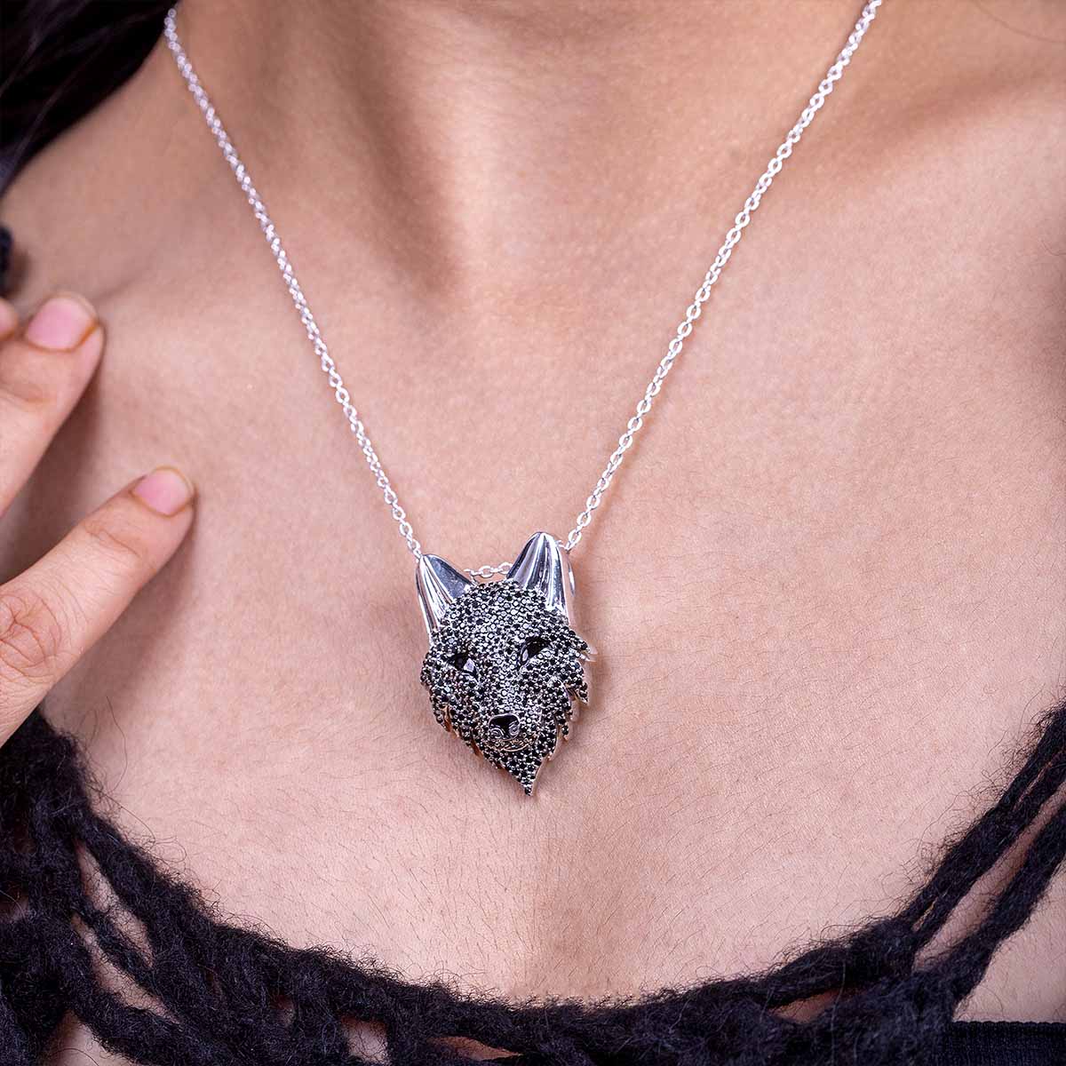 Fenrir Wolf Necklace Wild Animal Pendant Black CZ Sterling Silver