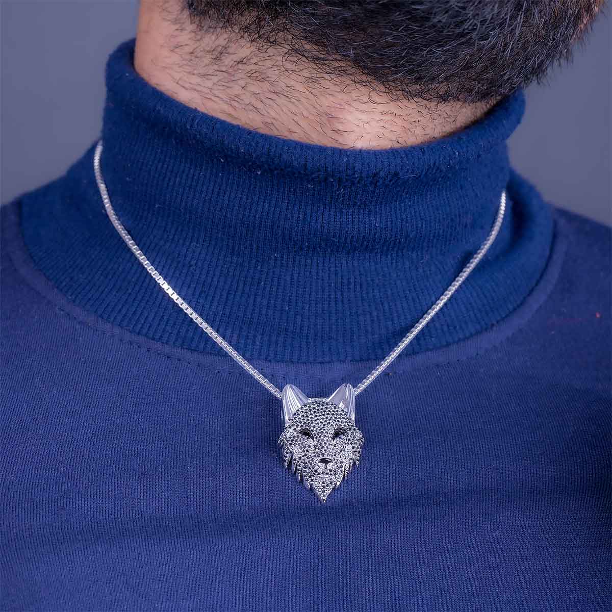Fenrir Wolf Necklace Wild Animal Pendant Black CZ Sterling Silver