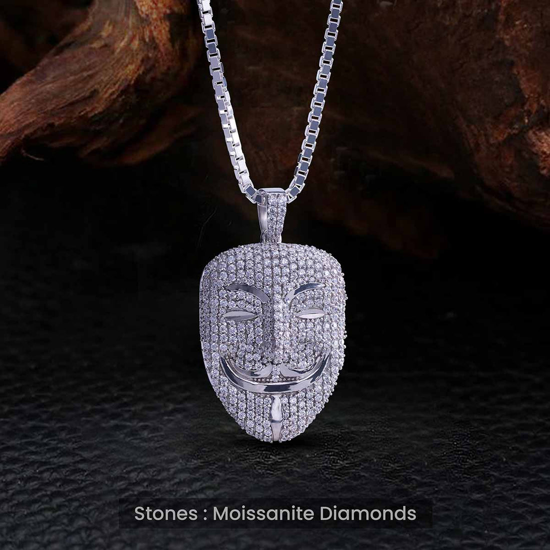 V for Vendetta Mask Necklace Moissanite Iced Out Anonymous Mask Pendant