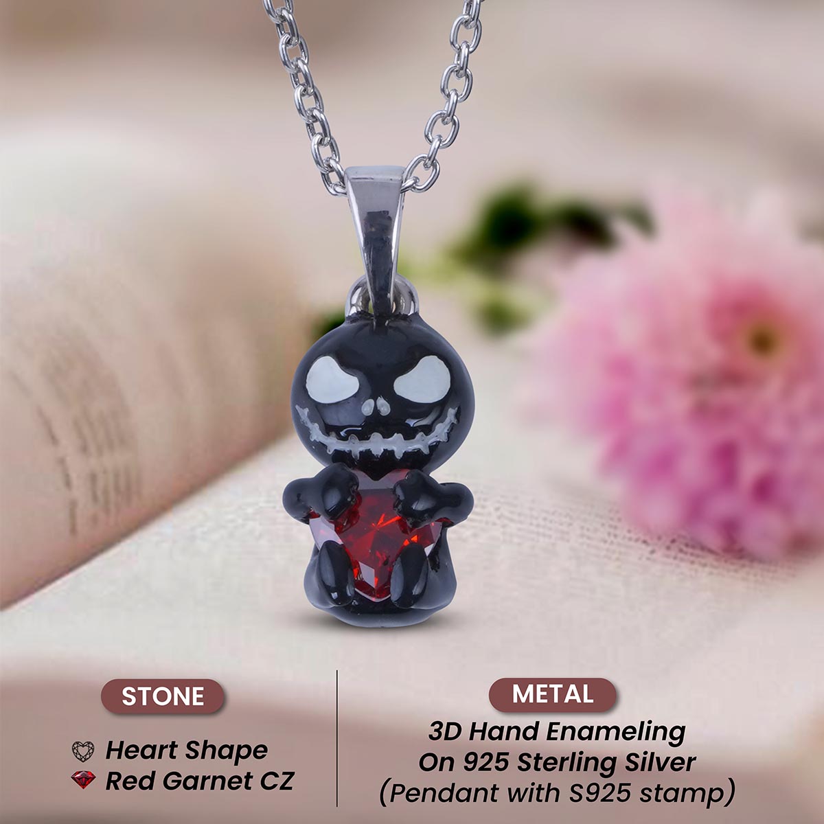 Jack Pendant Necklace 3D Black Enamel Trick or Treat Halloween Jewelry