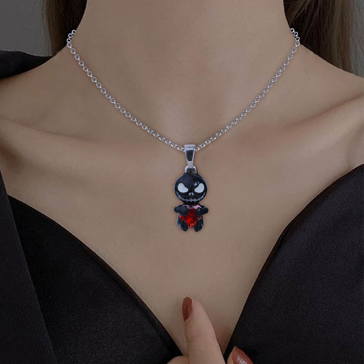 Jack Pendant Necklace 3D Black Enamel Trick or Treat Halloween Jewelry
