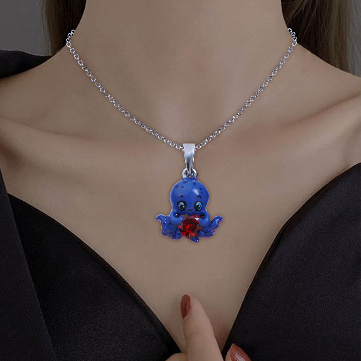 Blue Enamel Octopus Pendant Necklace for Kids Beach Jewelry