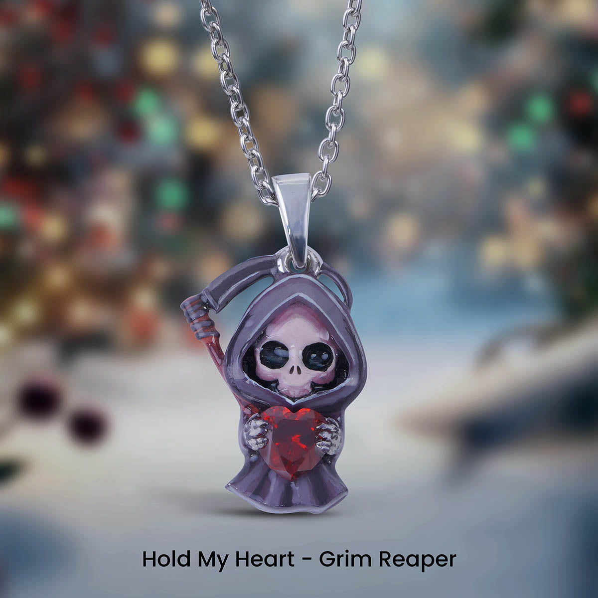 Grim Reaper Pendant Necklace 3D Enamel Skeleton Scythe Gothic Halloween Jewelry