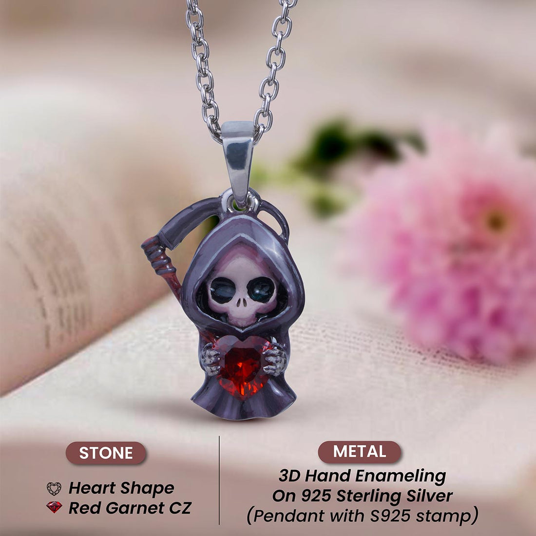 Grim Reaper Pendant Necklace 3D Enamel Skeleton Scythe Gothic Halloween Jewelry