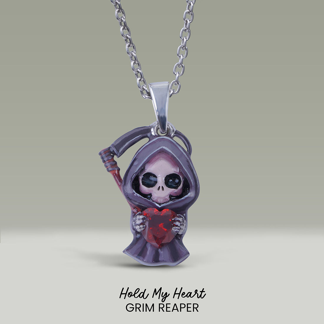 Grim Reaper Pendant Necklace 3D Enamel Skeleton Scythe Gothic Halloween Jewelry