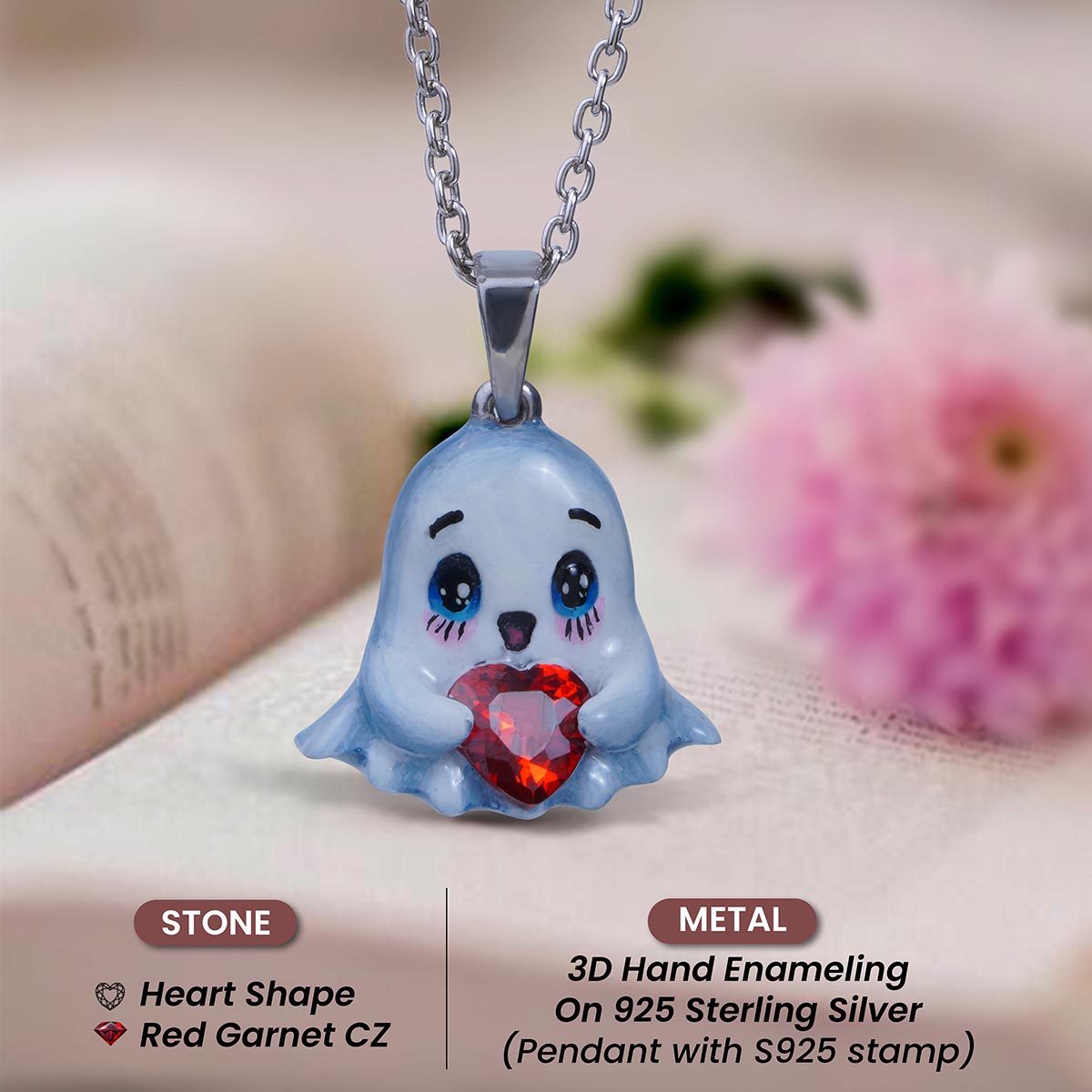 Cute Ghost Pendant Necklace 3D Enamel Gothic Halloween Gift