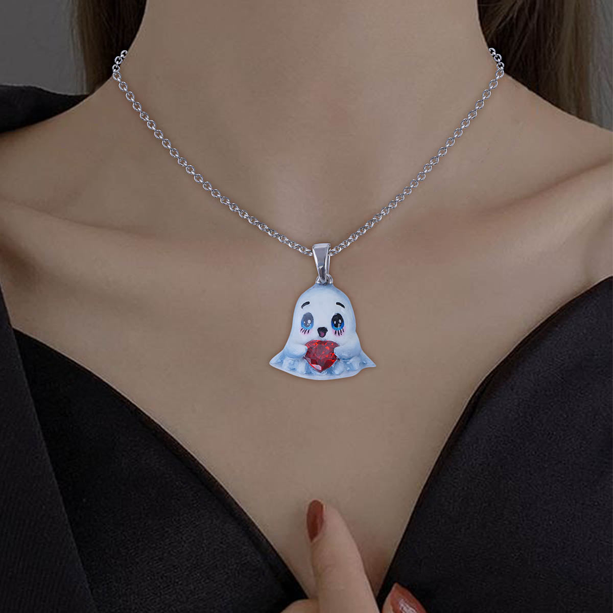 Cute Ghost Pendant Necklace 3D Enamel Gothic Halloween Gift