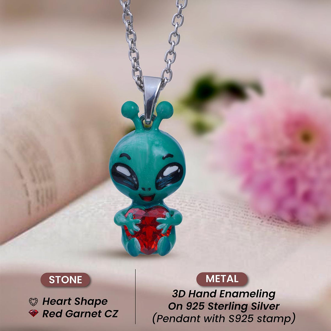 Alien Pendant Necklace Cosmic Charm UFO Sci Fi Jewelry Enamel