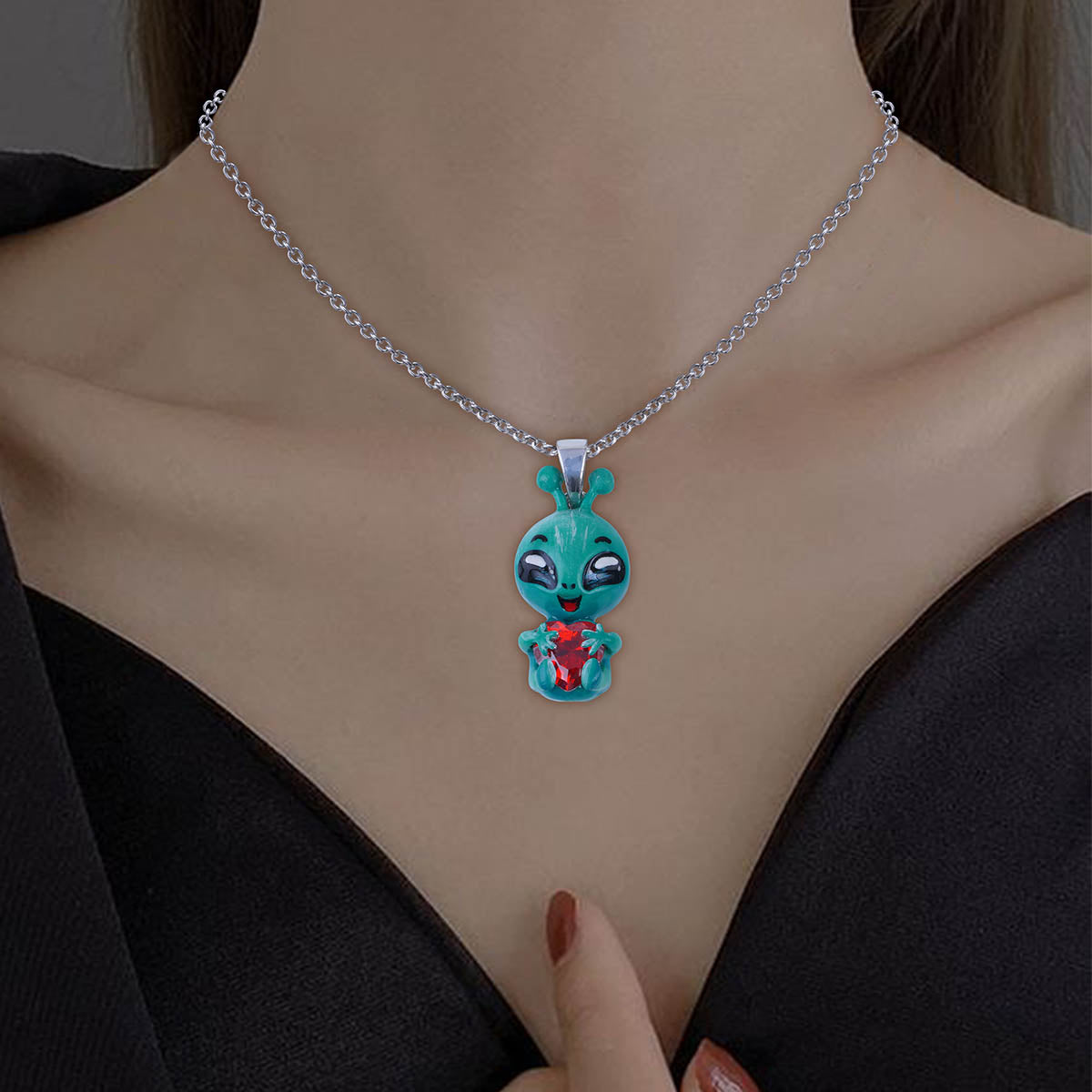 Alien Pendant Necklace Cosmic Charm UFO Sci Fi Jewelry Enamel