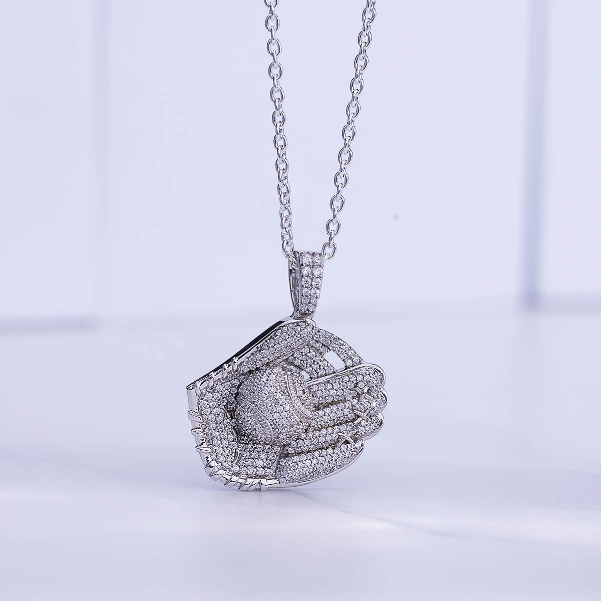 Baseball Glove Pendant Necklace Mens Iced Out Hip Hop Jewelry