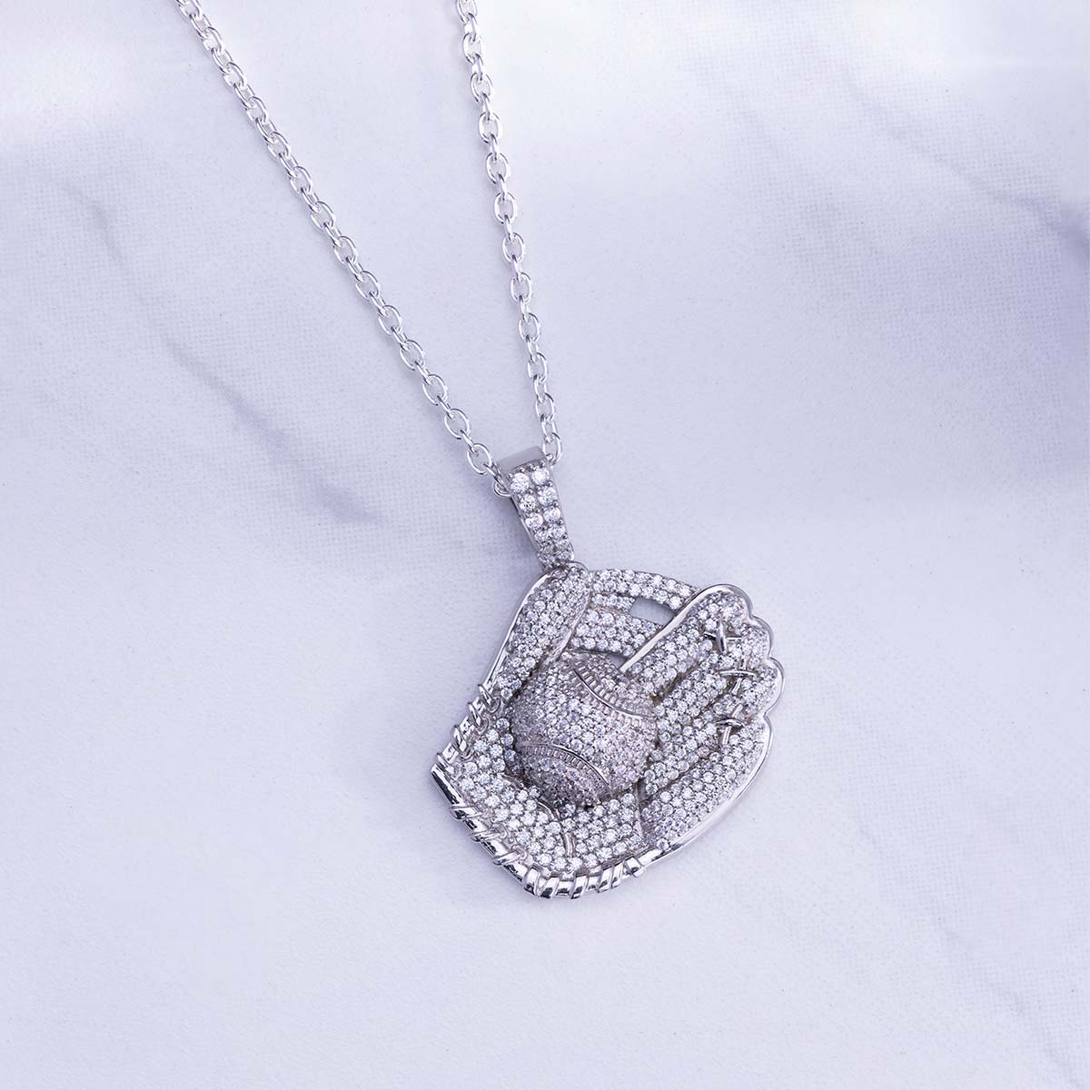 Baseball Glove Pendant Necklace Mens Iced Out Hip Hop Jewelry
