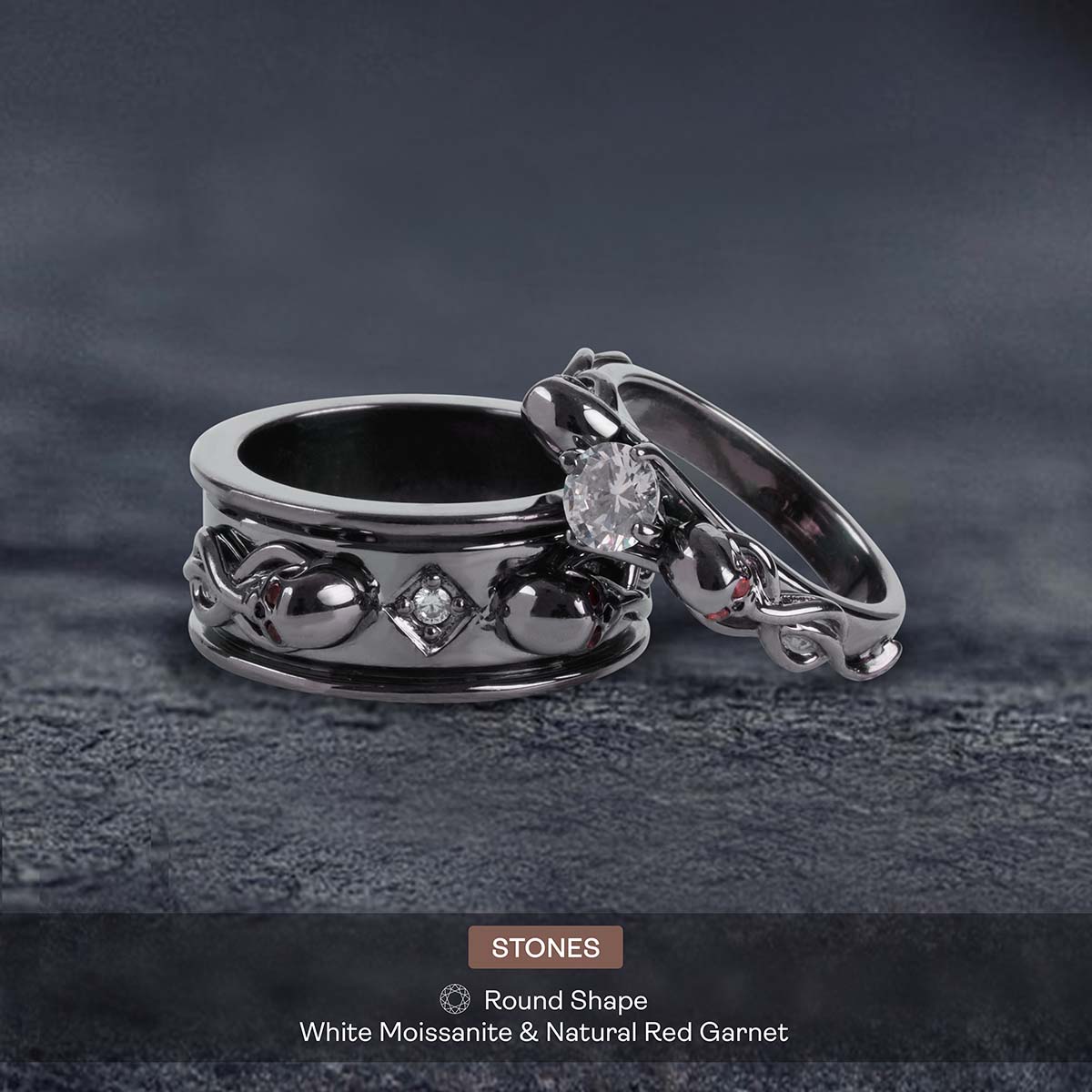 Moissanite Snake Skull Ring Set Gothic Couple Wedding Rings