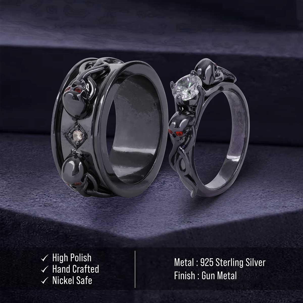 Moissanite Snake Skull Ring Set Gothic Couple Wedding Rings