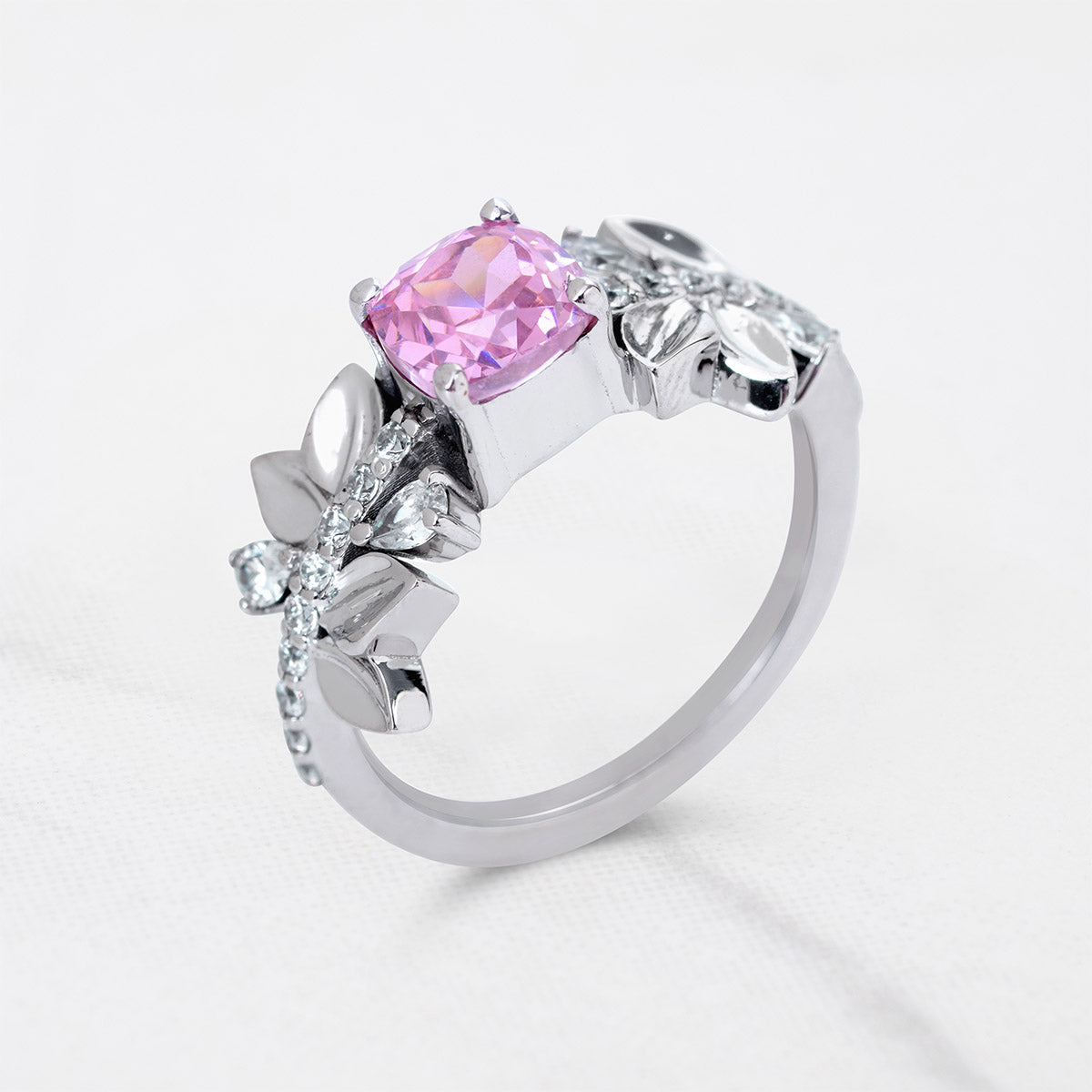 Cushion Cut Baby Pink CZ Floral Leaf Nature Inspired Promise Ring