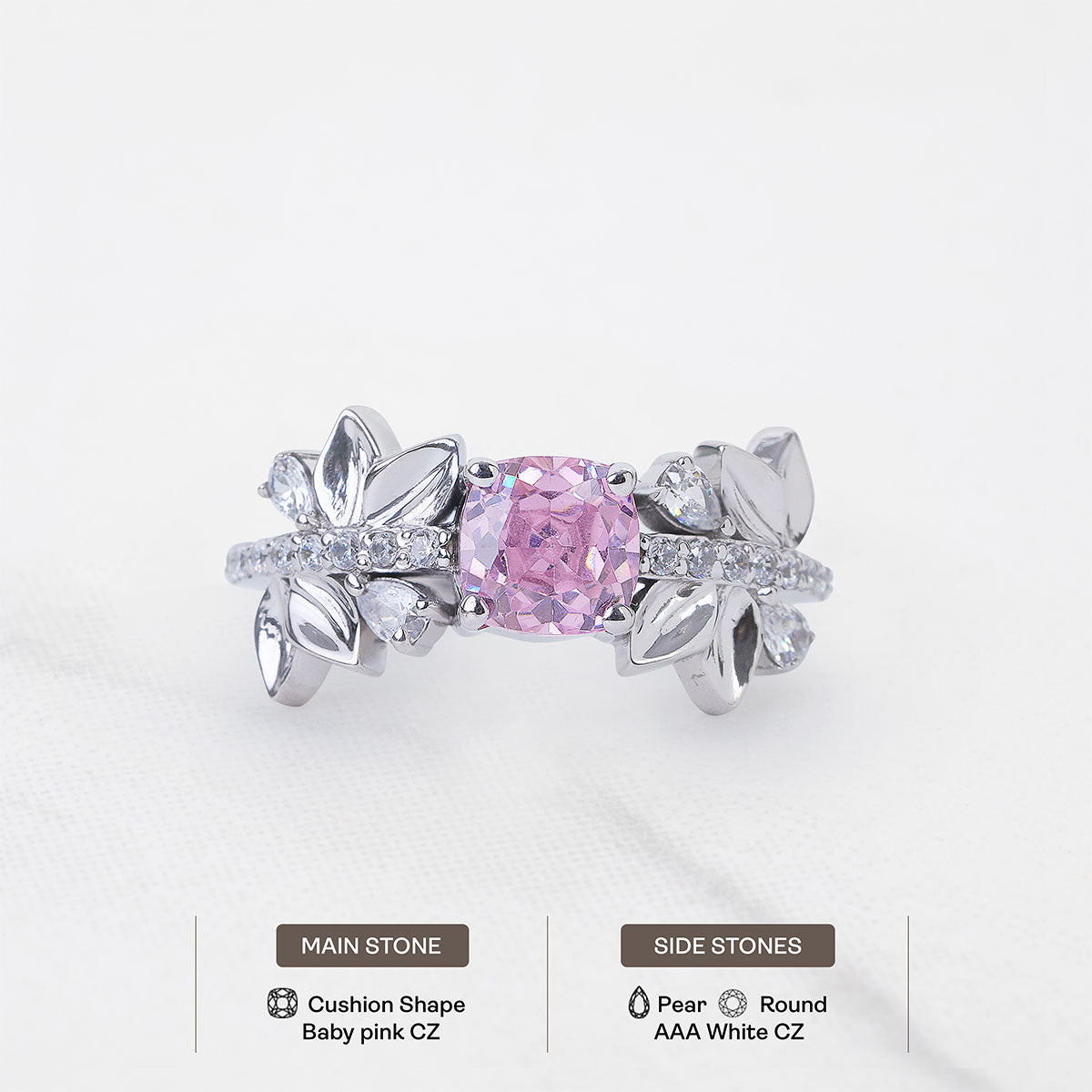 Cushion Cut Baby Pink CZ Floral Leaf Nature Inspired Promise Ring