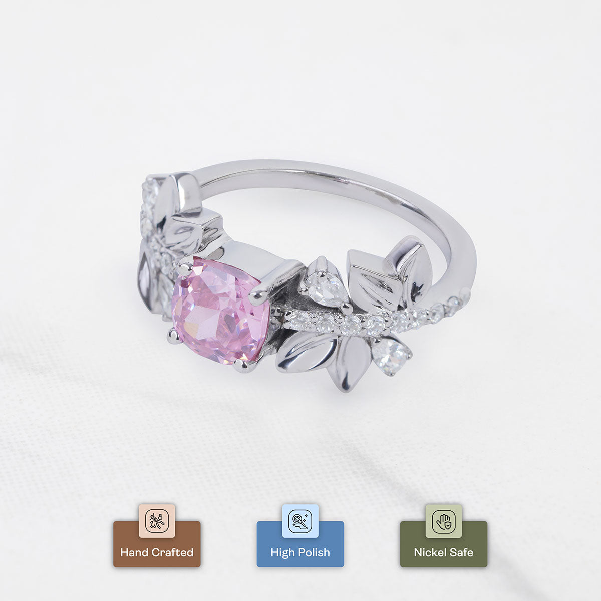 Cushion Cut Baby Pink CZ Floral Leaf Nature Inspired Promise Ring