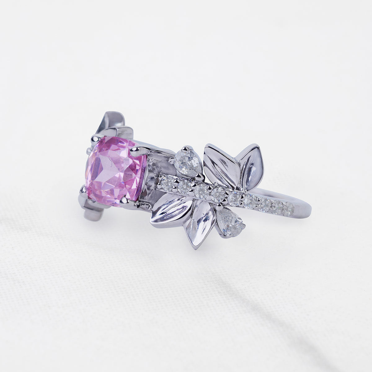Cushion Cut Baby Pink CZ Floral Leaf Nature Inspired Promise Ring