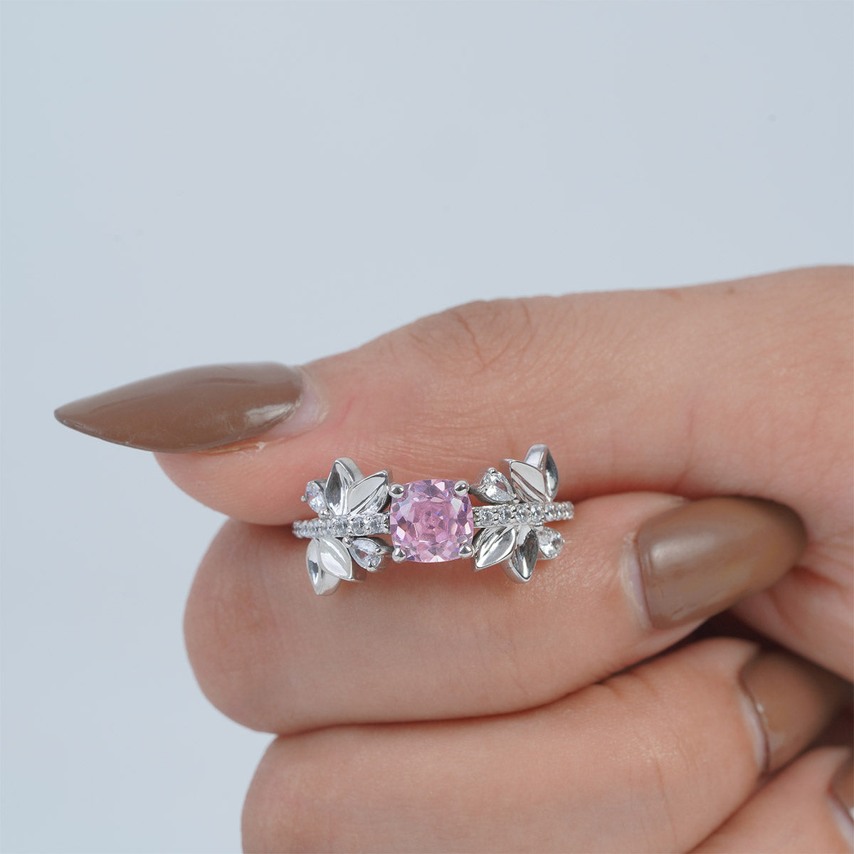 Cushion Cut Baby Pink CZ Floral Leaf Nature Inspired Promise Ring