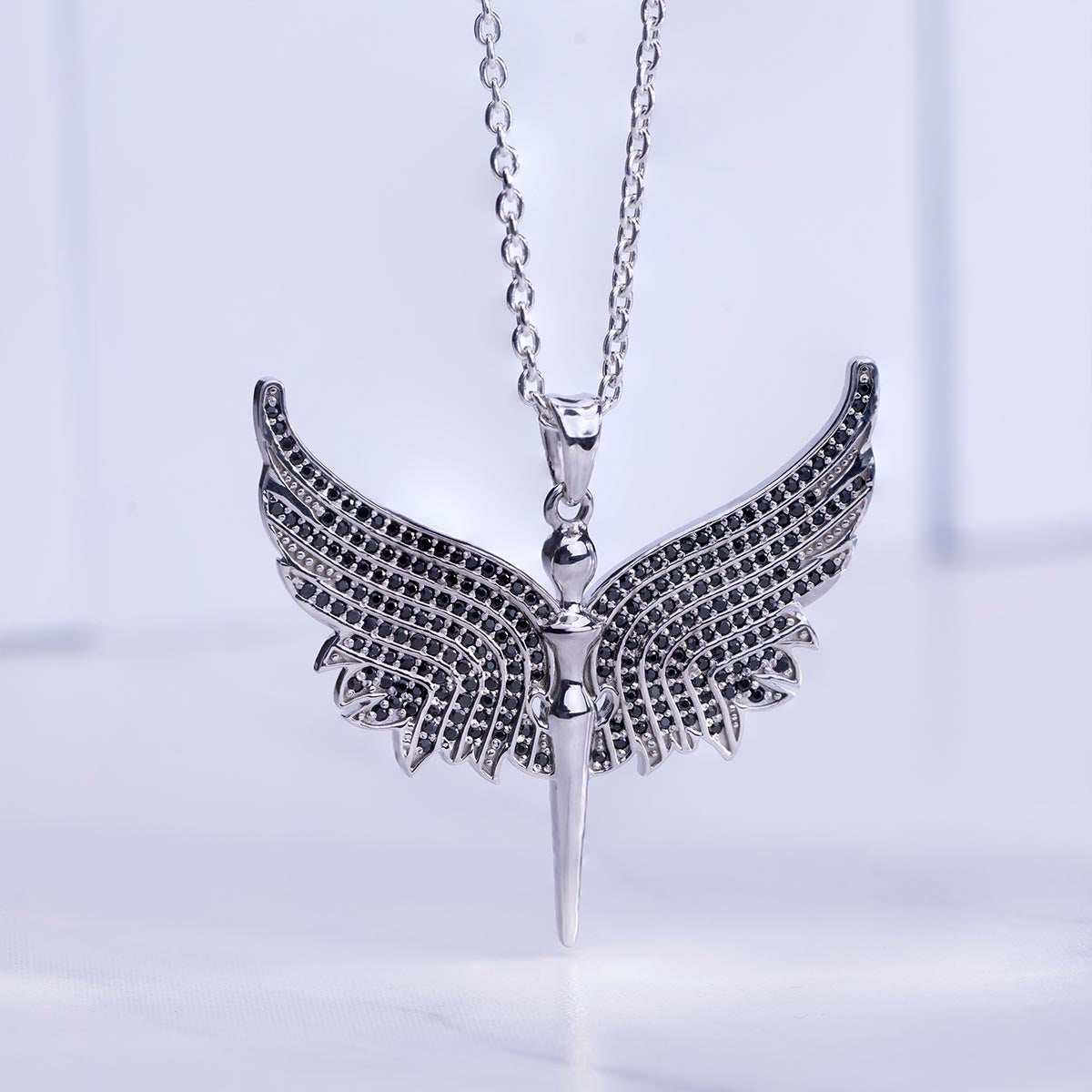 Angel Necklace with Wings Black CZ Diamonds Sterling Silver