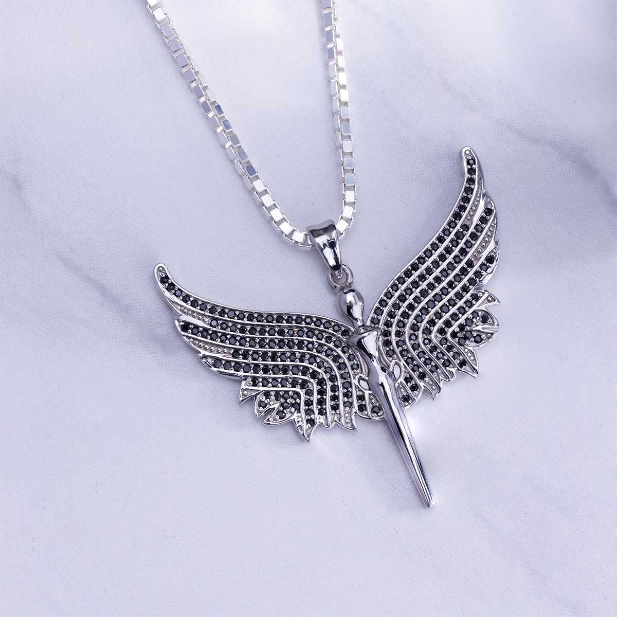 Angel Necklace with Wings Black CZ Diamonds Sterling Silver
