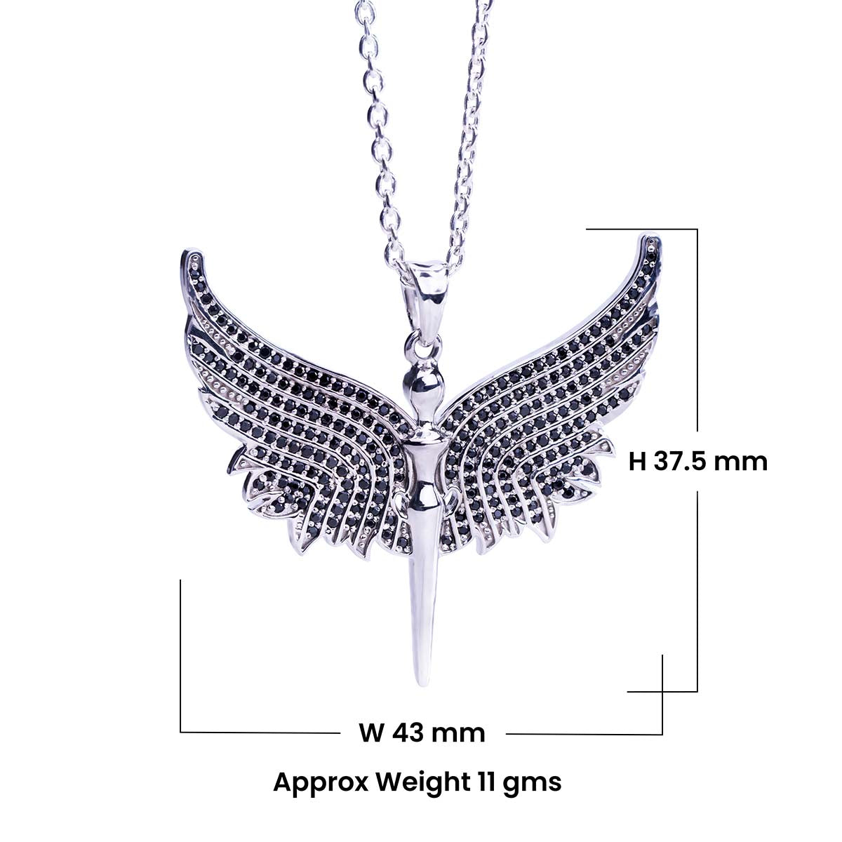 Angel Necklace with Wings Black CZ Diamonds Sterling Silver